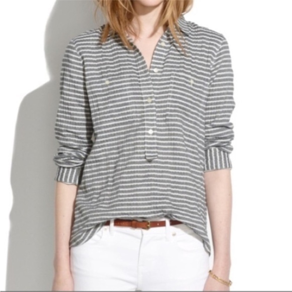 MADEWELL FISHERMAN BELOVED PULLOVER SLIP IT ON GREY WHITE STRIPED SHIRT XS
